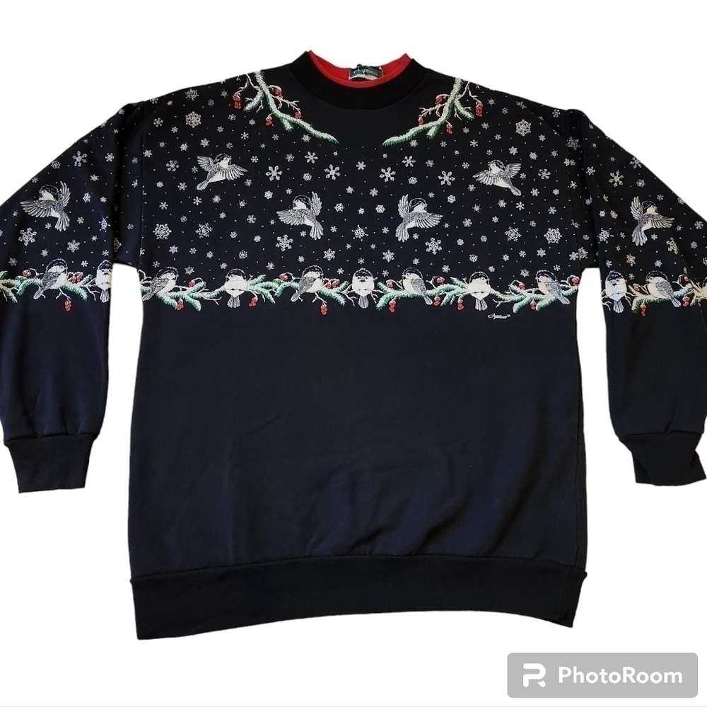Vintage Artisans sz L XL Christmas Bird Double Collar Crewneck